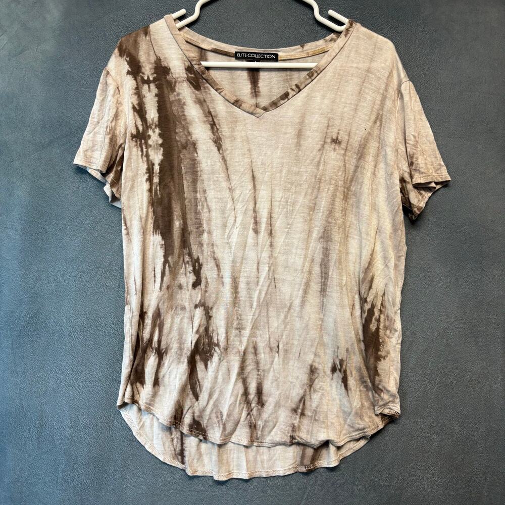 Elite Collection Tie Dye V-Neck Short Sleeve Top Brown Beige Large Boho Cottage